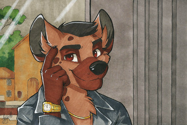 anthro black_hair black_nose brown_body brown_fur building clock clothed clothing detailed_background fur gold_(metal) gold_jewelry hair inner_ear_fluff jacket jewelry looking_at_viewer male necklace plant smile solo spots suit_jacket topwear tree tuft watch window ango76 roll_safe hyena mammal spotted_hyena 2019 meme reaction_image