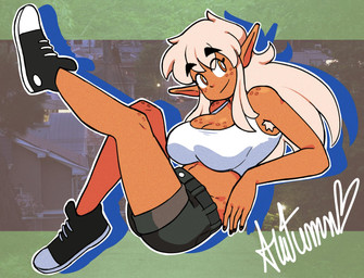 armpit_hair bangs big_breasts black_bottomwear black_clothing black_eyebrows black_footwear black_shoes black_shorts body_hair bottomwear breasts brown_body brown_breasts brown_ears brown_skin cartoon_freckles cleavage clothed clothing crop_top eyebrows eyelashes female female_humanoid footwear freckled_breasts freckled_face freckled_hips freckled_knees freckled_legs freckled_shoulders freckles hair long_eyelashes long_hair looking_aside not_furry one_leg_up orange_eyes outline photo_background pupils raised_leg shirt shoes shorts smile solo tan_hair text thick_eyebrows topwear white_clothing white_crop_top white_outline white_pupils white_sclera white_topwear genocityzone autumn_(genocityzone) elf humanoid 2026 character_name digital_media_(artwork) hi_res mixed_media photography_(artwork)