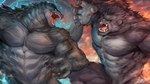 abs angry anthro biceps black_body claws duo fighting_pose male muscular muscular_anthro muscular_male pecs pose rivalry scar teeth rabbity godzilla_(series) godzilla_vs._kong king_kong_(series) toho godzilla king_kong ape gorilla haplorhine kaiju lizard mammal primate reptile scalie 2021 digital_media_(artwork) hi_res