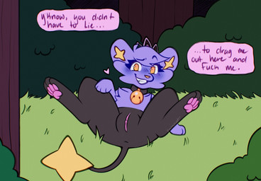 bell bell_collar blush blush_lines collar day detailed_background dialogue female feral forest genitals humanoid_genitalia humanoid_genitalia_on_feral humanoid_vulva humanoid_vulva_on_feral inviting_to_sex looking_at_viewer lying on_back outside plant presenting solo speech_bubble spread_legs spreading talking_to_viewer text tree vulva freckledcoat nintendo pokemon fan_character generation_4_pokemon pokemon_(species) shinx english_text hi_res