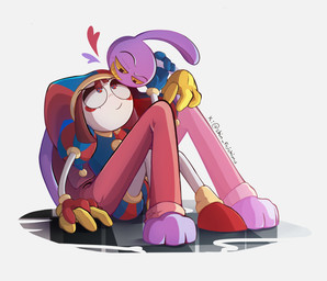 anthro clothed clothing duo female fool's_hat gloves hand_holding handwear hat headgear headwear heart_symbol jester male naughty_face overalls purple_body sitting smile zimfy glitch_productions the_amazing_digital_circus jax_(tadc) pomni_(tadc) human lagomorph leporid mammal rabbit absurd_res hi_res signature