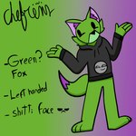 anthro black_eyes clothing fur green_body green_fur green_tail grey_clothing hoodie male purple_body purple_fur simple_background solo tail text topwear chefrens nomauth_(chefrens) canid canine fox mammal 1:1 english_text hi_res