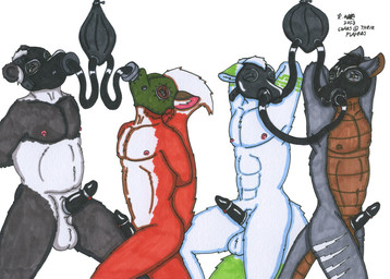 anthro asphyxiation balls biped black_penis breath_play erection gas_mask genitals group hands_behind_back male mask nude penis rebreather_bag simple_background submissive submissive_anthro submissive_male text wearing_mask white_background felixpath_(artist) bear canid canine fox giant_panda mammal 2013 character_request english_text traditional_media_(artwork)