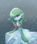 ambiguous_gender blush grave looking_at_viewer red_eyes sad sitting snow snowing solo waiting sketchygarden nintendo pokemon gardevoir generation_3_pokemon pokemon_(species)