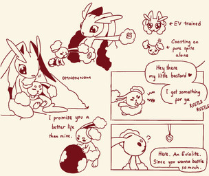 ambiguous_gender angry blank_stare confusion dialogue duo egg eviolite_(item) eyes_closed frown gesture hand_gesture heart_symbol holding_another jewelry looking_at_another markings mole_(marking) om_nom_nom pendant pointing profanity question_mark text tiptoes bedrock nintendo pokemon buneary generation_4_pokemon lagomorph lopunny mammal pokemon_(species) 2023 comic english_text monochrome