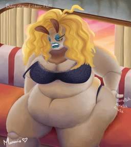 blonde_hair brown_body clothing female furniture hair lingerie makeup morning obese obese_female on_sofa onomatopoeia overweight overweight_female sitting sitting_on_sofa sofa sound_effects text tired manaria_opossum montana_(squiddy62) arthropod insect lepidopteran moth absurd_res hi_res