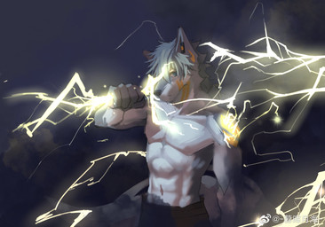 anthro black_bottomwear black_clothing black_pants blue_eyes bottomwear clothed clothing electricity facial_markings front_view fur grey_body grey_fur grey_hair hair head_markings lightning looking_at_viewer male male_anthro markings messy_hair mouth_closed navel pants short_hair simple_background solo standing topless weibo_logo white_body white_fur yellow_markings awaldkize weibo canid canine mammal