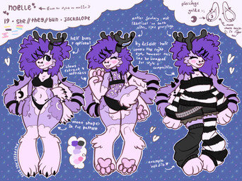 anthro antler_jewelry antlers clothed clothing ear_piercing female fur hair heart_symbol horn lgbt_pride nonbinary_pride_colors pansexual_pride_colors pawpads piercing pink_pawpads pride_colors purple_body purple_fur purple_hair sapphic_pride_colors solo text transgender_pride_colors purpe11e noelle_(purpe11e) jackalope lagomorph leporid mammal rabbit english_text hi_res model_sheet