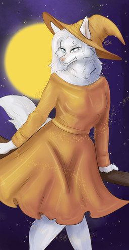 anthro blue_eyes broom cleaning_tool clothing dress female fur hair hat headgear headwear light moon moonlight orange_clothing orange_dress orange_hat orange_headwear pink_nose sky solo star starry_sky tail white_body white_fur white_hair witch_broom witch_costume witch_hat furrymammy canid canine fox mammal absurd_res hi_res