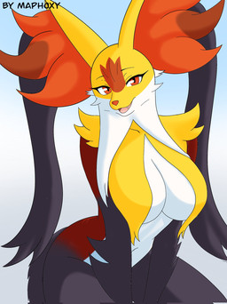 anthro anthrofied big_breasts breast_curtains breasts convenient_censorship covered_breasts female fur huge_breasts inner_ear_fluff looking_at_viewer pokemorph red_body red_fur simple_background smile solo tail tuft yellow_body yellow_fur artmaphoxy nintendo pokemon generation_9_pokemon mammal mega_delphox mega_evolution pokemon_(species) digital_media_(artwork) hi_res