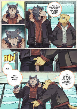 5_fingers anthro anthro_on_anthro biped black_claws black_clothing black_eyebrows black_eyes black_jacket black_nose black_topwear bodily_fluids bottomwear claws clothed clothed_anthro clothed_male clothing coat crotch_grab dialogue duo ear_twitch eyebrow_scar eyebrows facial_scar finger_claws fingers floppy_ears fully_clothed fully_clothed_anthro fully_clothed_male fur fur_trim_(clothing) grey_body grey_fur grocery_store grope hoodie humanoid_hands inside interspecies jacket larger_male male male_anthro mouth_closed notched_ear pants red_clothing red_jacket red_topwear scar shirt size_difference smaller_male speech_bubble standing store sweat sweatdrop tail talking_to_another talking_to_partner teeth text topwear yellow_body yellow_fur hemuchang beastars jack_(beastars) legoshi_(beastars) canid canine canis domestic_dog mammal wolf comic english_text hi_res