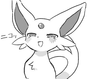 ambiguous_gender blush blush_lines feral forehead_gem gem looking_at_viewer open_mouth simple_background solo tail text yakiniku628 nintendo pokemon eeveelution espeon generation_2_pokemon pokemon_(species) japanese_text monochrome
