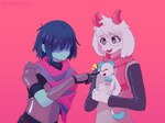 ambiguous_gender armor blue_body blue_fur blue_hair blue_skin boop carrying_another clothed clothing duo eyewear femboy fur glasses hair horn machine male nose_boop open_mouth red_background red_horn red_scarf scarf simple_background size_difference white_body white_fur aamakuruu deltarune undertale_(series) kris_(deltarune) ralsei bovid caprine darkner domestic_cat felid feline felis goat human mammal tasque 2021 digital_media_(artwork) hi_res