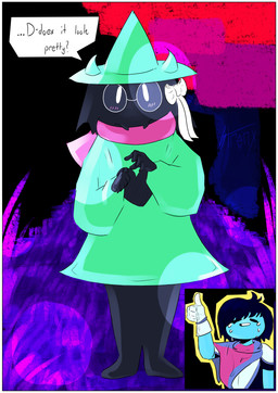 ambiguous_gender ambiguous_human blush border clothing dialogue duo fur hat headgear headwear male ribbons text weapon white_border strenxstronks deltarune undertale_(series) kris_dreemurr ralsei bovid caprine darkner goat human mammal 2018 absurd_res digital_media_(artwork) english_text hi_res signature