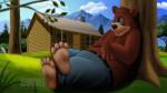 4_toes anthro belly belt big_belly black_nose brown_body brown_fur cabin claws clothed clothing countershade_feet countershading feet fur male overweight overweight_anthro overweight_male plant sleeping solo toe_claws toes tree window dj-rodney bear mammal 16:9 signature widescreen