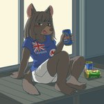 5_fingers 5_toes alcohol anthro australian_flag barefoot beer beverage beverage_can blue_clothing blue_shirt blue_t-shirt blue_topwear blush bottomwear breasts brown_body brown_fur clothed clothing cute_fangs drunk fangs feet female fingers fur holding_beer holding_beverage holding_object humanoid_feet humanoid_hands kemono looking_at_viewer night open_mouth open_smile outside plantigrade shirt shorts sitting smile smiling_at_viewer snaggle_tooth soles solo substance_intoxication t-shirt tail tasmania_flag teeth toes topwear white_bottomwear white_clothing white_shorts ekaki510 dasyurid dasyuromorph mammal marsupial tasmanian_devil 1:1