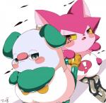 anthro chain clothing duo ear_piercing exclamation_point female fur green_eyes hair half-closed_eyes male narrowed_eyes panties piercing pink_body pink_fur pink_hair red_eyes simple_background underwear zeru_(ma) himitsu_no_cocotama mukitetsu_(cocotama) yurano_(cocotama) cocotama felid mammal