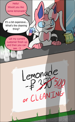 beverage booth booth_(structure) dialogue feral fur greeting lemonade lemonade_stand male open_mouth outside speech_bubble text vendor_stand white_body white_fur rankedredpanda nintendo pokemon eeveelution generation_6_pokemon pokemon_(species) sylveon digital_drawing_(artwork) digital_media_(artwork) english_text