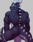 anthro back_muscles balls big_balls biped black_body black_scales black_tail blue_body blue_eyes blue_horn blue_scales blue_tongue butt crouching genitals green_sclera grey_background grey_balls grey_tail horn kneeling long_tail long_tongue looking_at_viewer looking_back male manly multicolored_body multicolored_scales multicolored_tail muscular muscular_anthro muscular_arms muscular_male nude pose presenting presenting_balls presenting_hindquarters rear_view scales simple_background snout solo spiked_tail spikes spikes_(anatomy) spread_legs spreading standing tail thick_tail thick_thighs tongue tongue_out triceps two_tone_body two_tone_scales knuxlight mythology redrosid dragon mythological_creature mythological_scalie scalie 2017 digital_media_(artwork) hi_res