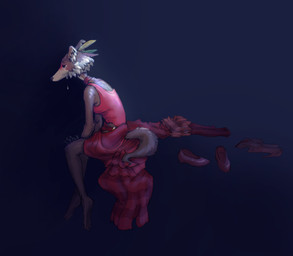 anthro barefoot bodily_fluids clothing crying dark despair dress feet female footwear fur makeup multicolored_body multicolored_fur shoes snout tears two_tone_body two_tone_fur kofey beastars juno_(beastars) canid canine canis mammal wolf hi_res signature