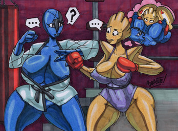 3_fingers abstract_background big_breasts big_butt black_body black_eyes blue_body blue_skin blush bodily_fluids boxing_gloves breast_grab breasts brown_body brown_skin bubble_butt butt cleavage clothed clothing curvy_figure duo ellipsis eyelashes face_in_breasts female female/female fight fighting_ring fingers glistening glistening_body glistening_breasts glistening_legs glistening_skin glistening_thighs hand_on_breast handwear huge_breasts huge_butt huge_hips huge_thighs keikogi leotard martial_arts_uniform motion_lines nipple_outline nipples nude nude_female nude_human purple_clothing purple_leotard question_mark sportswear sweat sweatdrop sweaty_breasts text thick_thighs thought_bubble voluptuous voluptuous_female voluptuous_humanoid wide_hipped_female wide_hipped_humanoid wide_hips parasitedeath nintendo pokemon generation_1_pokemon generation_5_pokemon hitmonchan humanoid pokemon_(species) sawk 2026 artist_name graphite_(artwork) hi_res marker_(artwork) signature traditional_media_(artwork)