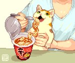 5_fingers ambiguous_gender chopsticks clothed clothing detailed_food duo feral fingers food instant_noodles noodles open_mouth paws moawling cat_eating_spaghetti cc-by-nc-nd creative_commons calico_cat domestic_cat felid feline felis human mammal detailed digital_media_(artwork) low_res meme pixel_(artwork) redraw