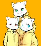 2019 anthro blind_eye bottomwear brother_(lore) brothers_(lore) canid canine canis clothed clothing domestic_dog eyebrows fangs front_view frown fully_clothed fur green_eyes grin group half-closed_eyes happy hi_res hoodie male mammal narrowed_eyes open_mouth orange_background pants red_eyes sibling_(lore) simple_background smile standing teal_eyes teeth tobyou_222 topwear trio unimpressed white_body white_fur yellow_bottomwear yellow_clothing yellow_hoodie yellow_pants yellow_topwear young young_anthro young_male