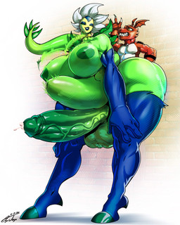 abdominal_bulge ambiguous_penetration anthro areola balls big_balls big_breasts big_butt bouncing_breasts breasts butt clothed clothing dominant duo genitals glans green_areola green_balls green_breasts green_glans green_nipples green_penis green_sclera gynomorph huge_breasts huge_butt humanoid_genitalia humanoid_penis hyper impact_lines intersex intersex/male jewelry larger_dom looking_pleasured male nipples partially_clothed penetration penis pinned pinned_to_wall power_bottom sharp_teeth size_difference teeth vein veiny_penis ayojayo bandai_namco digimon zephia digimon_(species) guilmon humanoid sunflowmon absurd_res hi_res tagme