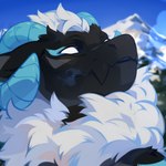 ambiguous_gender anthro black_body black_ears black_fur blue_horn blue_sky empty_eyes fur horn mountain mouth_closed outside sky solo white_body white_eyes white_fur corzh77 nought_(noughtnxs) wickerbeast 1:1 bust_portrait hi_res portrait nonbinary_(lore)