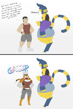 anthro barefoot before_and_after big_butt bottomwear breast_growth breasts butt clothed clothing dialogue digitigrade duo feet female footwear gender_transformation growth heart_eyes heart_symbol human_to_anthro lgbt_pride male mtf_transformation pride_colors shirt shocked shoes shorts simple_background size_difference species_transformation standing tail tail_growth tank_top text topwear transformation transgender_pride_colors white_background robertge animal_crossing nintendo ankha_(animal_crossing) jason_markova felid human mammal pantherine tiger 2025 comic digital_media_(artwork) english_text hi_res