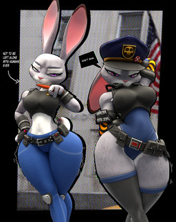 anthro belt big_breasts black_clothing black_latex black_legwear black_thigh_highs blue_clothing blue_leotard breasts clothed clothed_anthro clothed_female clothing dialogue female fur grey_body grey_fur latex latex_clothing latex_legwear latex_thigh_highs legwear leotard looking_at_viewer multicolored_body multicolored_fur police police_hat police_officer purple_eyes solo speech_bubble text thigh_highs two_tone_body two_tone_fur wearing_hat white_body white_fur wide_hips anaroth warfaremachine_(modeler) disney zootopia judy_hopps european_rabbit lagomorph leporid mammal oryctolagus rabbit 2026 3d_(artwork) absurd_res digital_media_(artwork) english_text hi_res