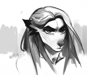 anthro eyelashes female front_view grumpy hair long_hair looking_at_viewer mouth_closed narrowed_eyes simple_background solo unknowhiter canid mammal 2017 bust_portrait dated monochrome portrait signature