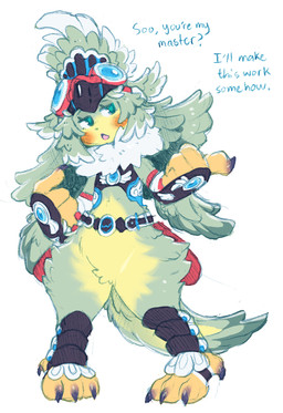 4_toes ambiguous_gender anisodactyl anthro armor avian_feet blush clothed clothing dialogue feathers featureless_crotch feet front_view headgear helmet master open_mouth partially_clothed simple_background solo standing tail tail_feathers text toes white_background conditional_dnp irootie xenoblade_chronicles xenoblade_chronicles_2 finch_(xenoblade) avian blade_(xenoblade) 2017 english_text hi_res