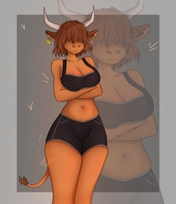 anthro breasts cleavage clothed clothing crossed_arms ear_piercing ear_tag female hair hair_over_eyes horn piercing solo training_bra training_pants kallikratis bovid bovine cattle highland_cattle mammal absurd_res hi_res