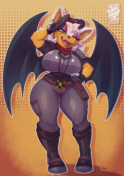 5_fingers abstract_background anthro bat_wings belt beret big_breasts blush boots breasts clock clothing ear_piercing ear_ring eyebrows eyelashes eyeshadow female fingers footwear fur gesture gloves green_eyes hair half-closed_eyes hand_on_hip handwear hat headgear headwear high_heels jacket looking_at_viewer makeup membrane_(anatomy) membranous_wings narrowed_eyes one_eye_closed piercing ring_piercing salute scarf shoes short_hair small_waist solo standing tan_body tan_skin text thick_thighs topwear watch white_body white_fur white_hair wide_hips wings wristwatch mr._deathcat sega sonic_the_hedgehog_(series) rouge_the_bat bat mammal 2022 absurd_res artist_name hi_res
