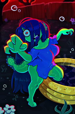 anthro buckteeth clothing cosplay eyelashes female hair hair_over_eye holidays kiddie_pool long_hair pose shirt solo teeth topwear somescrub halloween nickelodeon spongebob_squarepants eelie_applebottom aquatic eel fish 2025 hi_res
