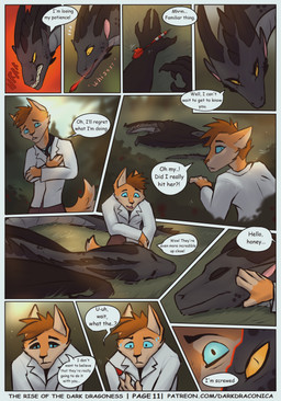 11_panel_comic ambiguous_gender anthro biped black_body blue_eyes bodily_fluids brown_hair cheek_spikes claws clothed clothing coat dart dialogue duo facial_spikes fangs female feral fingers fur greeting hair horn kneeling membrane_(anatomy) membranous_wings nervous nervous_sweat onomatopoeia orange_body orange_fur page_number paws quadruped sound_effects speech_bubble spikes spikes_(anatomy) sweat sweatdrop tail teeth text topwear white_clothing white_coat white_topwear wings yellow_eyes darkdraconica mythology patreon darky_(darkdraconica) dave_(darkdraconica) canid canine dragon fox mammal mythological_creature mythological_scalie scalie 2022 absurd_res artist_name comic digital_drawing_(artwork) digital_media_(artwork) english_text hi_res multiple_scenes url