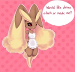 apron black_sclera english_text female joltik_(artist) lagomorph lopunny mammal nintendo pokémon rabbit red_eyes text video_games
Rating: Safe
Score: 9
User: Juni221
Date: June 01, 2013