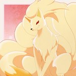 ambiguous_gender blep chest_tuft feral looking_at_viewer multi_tail paws quadruped red_eyes sitting smile solo tail tongue tongue_out tuft kompeito nintendo pokemon canid generation_1_pokemon mammal ninetales pokemon_(species) 1:1 hi_res watermark