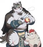 anthro apple asian_clothing black_nose blush bulge clothing coat_cape duo east_asian_clothing eyes_closed eyewear food fruit fundoshi glasses humanoid_hands japanese_clothing knife male pecs plant simple_background underwear white_background ayame42612 lifewonders tokyo_afterschool_summoners horkeu_kamui_(tas) canid canine canis mammal wolf 2017