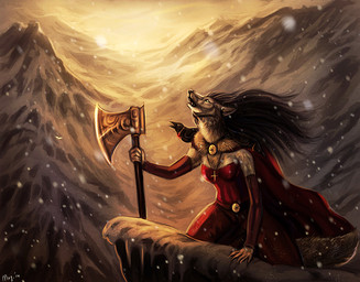 axe battle_axe black_hair cape clothed clothing cross duo female fluffy fluffy_tail fur gold_(metal) grey_body grey_fur hair howl jewelry long_hair melee_weapon mountain no_pupils pendant snow snowscape sun tail weapon maquenda avian bird canid canine canis corvid corvus_(genus) mammal oscine passerine raven wolf 2014