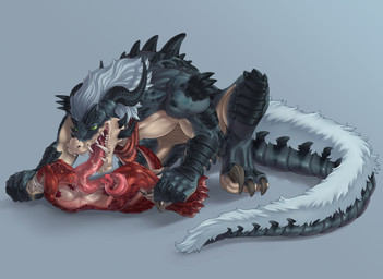 2_penises abs animal_genitalia animal_penis anthro arms_above_head blue_body blue_scales bodily_fluids body_hair bottomwear bottomwear_down chest_lick clothed clothing countershading dominant dominant_male duo eye_contact genitals hair hemipenes kerchief larger_dom licking licking_abs licking_body licking_stomach long_tongue looking_at_another lying male male/male multi_genitalia multi_penis muscular muscular_male on_back on_ground open_mouth pants pants_around_ankles pants_down partially_clothed penis red_body red_scales saliva saliva_string scales size_difference soft_abs submissive submissive_male tail teasing thick_tail tongue tongue_out undressing undressing_another undressing_partner vetrofroza fallout microsoft hogall zartersus deathclaw hybrid lizard reptile scalie absurd_res hi_res