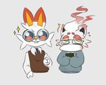 ambiguous_gender anthro biped bodily_fluids clothed clothing duo eyewear fur glasses looking_at_viewer orange_body red_body simple_background sweat white_background white_body white_fur svkhaiminh nintendo pokemon generation_8_pokemon hisuian_form hisuian_zorua pokemon_(species) regional_form_(pokemon) scorbunny hi_res