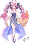 breasts cleavage clothed clothing dress female footwear hair inner_ear_fluff looking_at_viewer pigtails pink_hair shoes simple_background smile solo tuft walking white_background wisespeak fate_(series) type-moon caster_tamamo-no-mae animal_humanoid canid canid_humanoid canine canine_humanoid fox_humanoid humanoid mammal mammal_humanoid 2017 hi_res