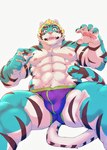 abs anthro blonde_hair blue_body blue_fur blush briefs clothing fur hair low-angle_view male muscular muscular_anthro muscular_male navel nipples pawpads pecs solo striped_body striped_fur stripes underwear heylaw21 lifewonders live_a_hero rexer felid mammal pantherine tiger absurd_res hi_res