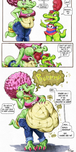 afro after_vore anthro belly big_belly bottomwear breasts clothing denim denim_bottomwear denim_clothing duo female female_pred female_prey green_body green_skin jeans overweight pants purple_clothing purple_shirt purple_topwear shirt speech_bubble text topwear vore killboo donkey_kong_(series) nintendo kalypso kass_(donkey_kong) kremling scalie 2025 absurd_res comic english_text hi_res