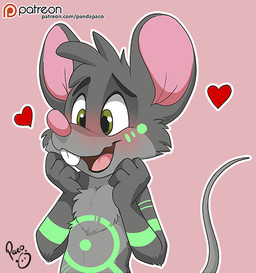 anthro blush front_view fur glistening glistening_eyes green_eyes green_markings grey_body grey_fur happy heart_symbol logo male male_anthro markings nude pink_ears pink_nose pink_tongue solo tongue young young_anthro young_male pandapaco mammal mouse murid murine rodent artist_logo bust_portrait portrait signature