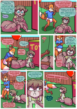 anthro balloon clothing dialogue diaper duo female inflatable male shirt speech_bubble tail text toddler topwear young babystar canid canine fox mammal rodent sciurid tree_squirrel comic english_text hi_res