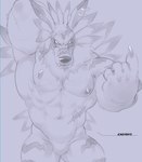 abs anthro bandai_namco beckoning canid canine digimon digimon_(species) e-w01f ear_piercing ear_ring featureless_crotch fur gesture hi_res male mammal muscular muscular_anthro muscular_male navel nipples nude pecs piercing raised_arm ring_piercing solo striped_body striped_fur stripes weregarurumon