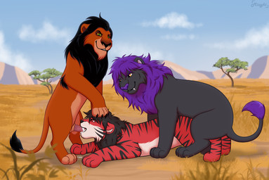 anal anal_penetration animal_genitalia animal_penis black_body black_fur black_mane bodily_fluids canon_x_oc cum cum_in_mouth cum_inside ejaculation fangs fangs_on_penis fellatio feral feral_on_feral feral_penetrating fur gangbang genital_fluids genitals group group_sex male male/male male_penetrated male_penetrating male_penetrating_male mane multicolored_body multicolored_fur oral penetration penile penis purple_mane red_body red_fur savanna scar sex side_view spiked_penis spikes spikes_(anatomy) striped_body striped_fur stripes tail tail_brush tail_tuft teeth trio tuft miuyki disney the_lion_king fan_character fiyahligerrawr scar_(the_lion_king) felid feline hybrid liger lion mammal pantherine absurd_res digital_drawing_(artwork) digital_media_(artwork) hi_res